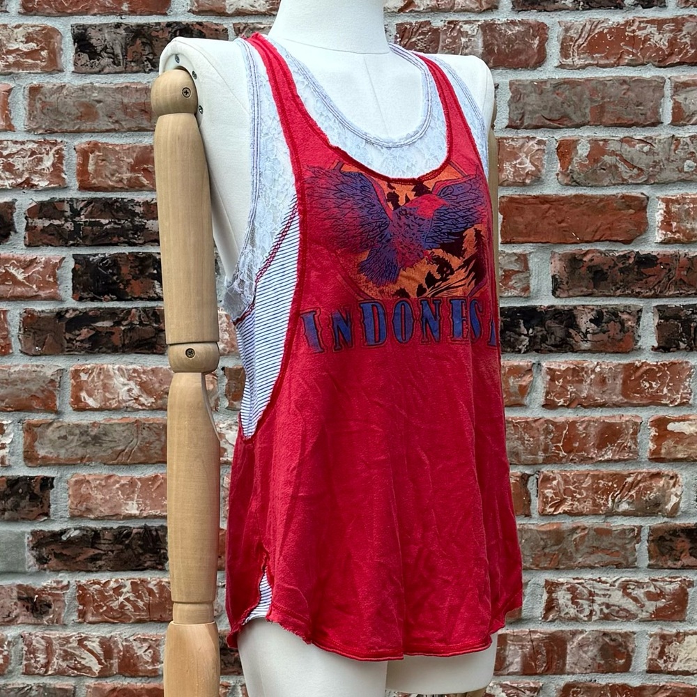 Free People We the Free Indonesia layered red top w/lace & stripes / XS / EUC - Picture 6 of 17